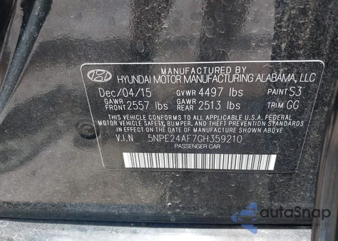 2016 Hyundai Sonata Se из США, поврежденный, VIN 5NPE24AF7GH359210